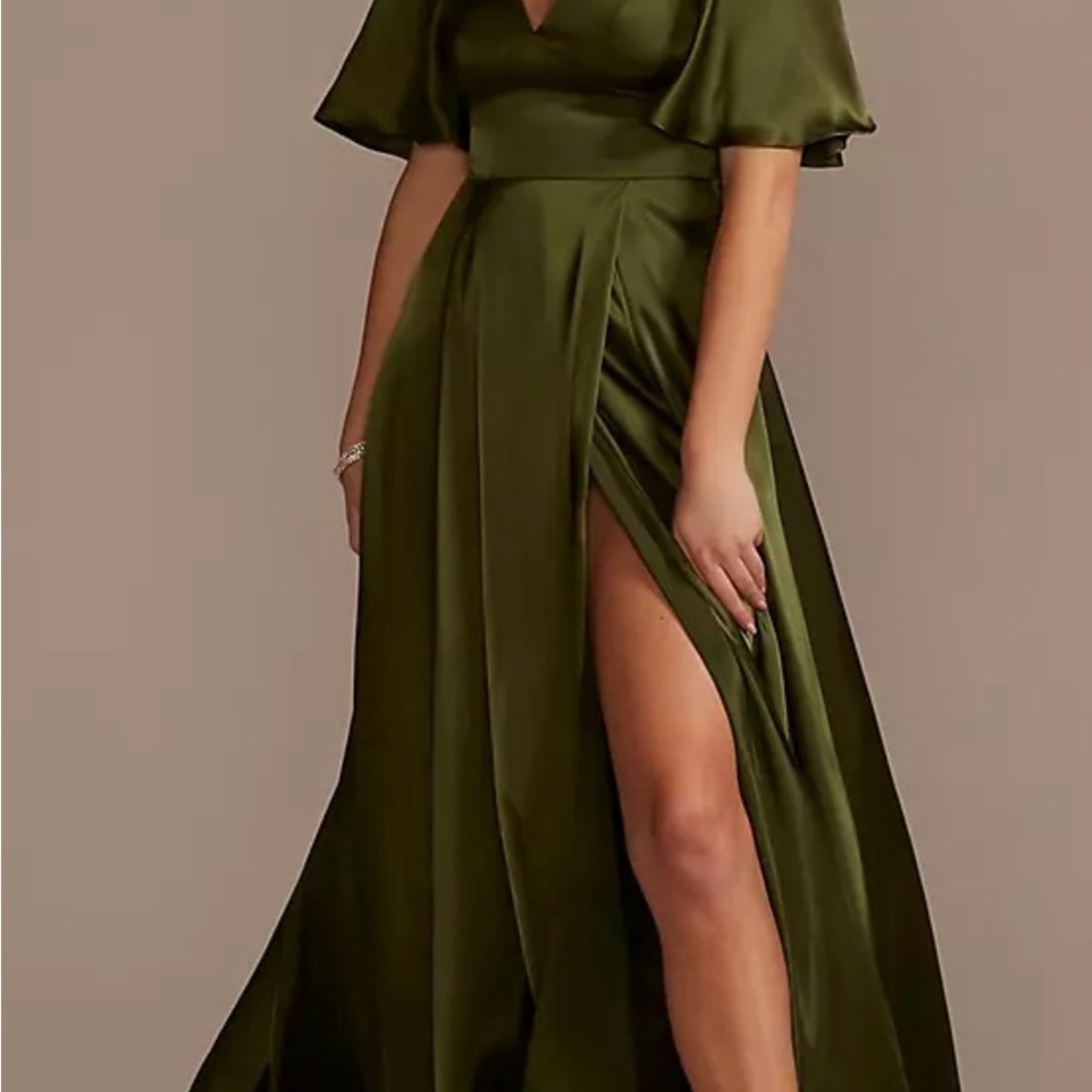 David’s Bridal Charmeuse Flutter-Sleeve A-Line Dress Martini Olive NWT - Picture 8 of 9